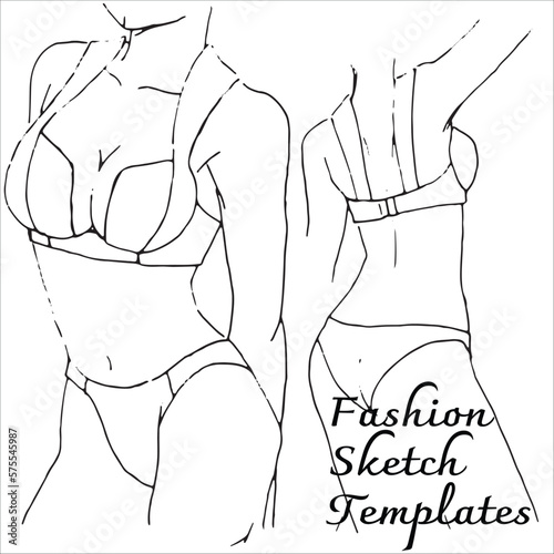 Fashion flats sketch template. Underwear woman design. Black and white outline vector.