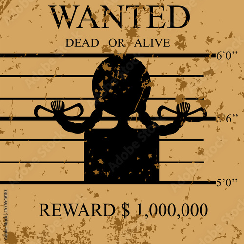Silhouette of person on most wanted retro poster with inscription and growth line.
