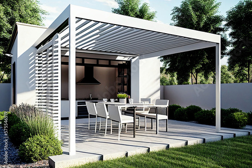 Modern patio furniture include a pergola shade structure, an awning, a patio roof, a dining table, seats, and a metal grill. Generative AI