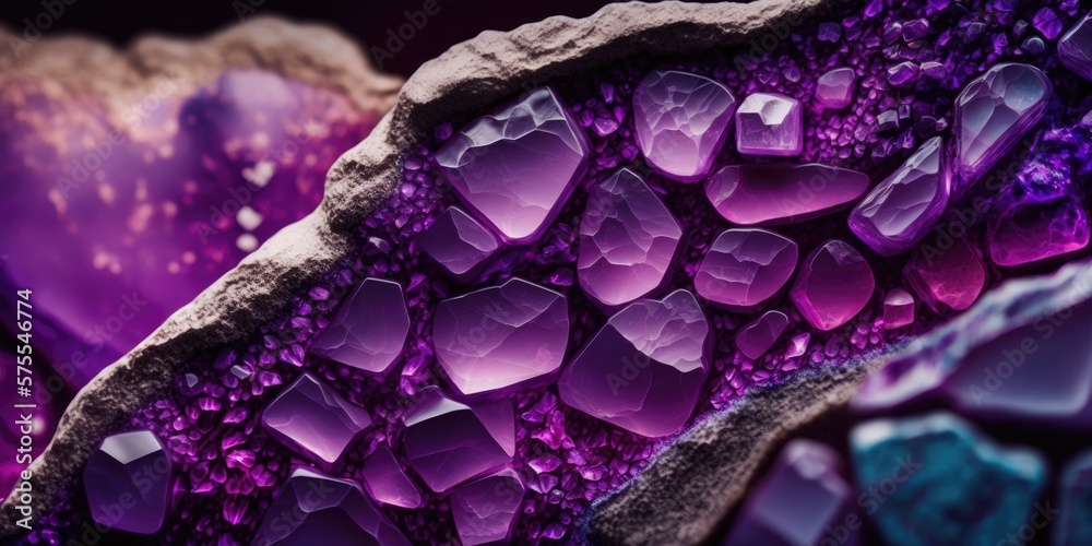 Vibrant purple amethyst geode rock, sparkling and lustrous crystals inside with striking textures and natural patterns - generative AI.	
