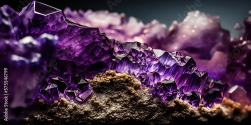 Vibrant purple amethyst geode rock, sparkling and lustrous crystals inside with striking textures and natural patterns - generative AI. 