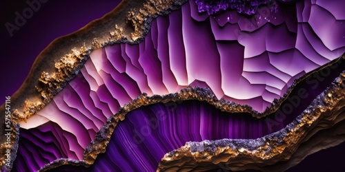 Vibrant purple amethyst geode rock, sparkling and lustrous crystals inside with striking textures and natural patterns, macro closeup - generative AI.