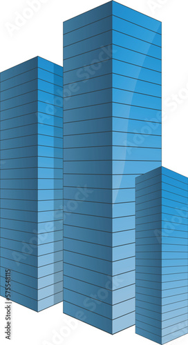 Blue tall building structures with glass reflection can be used as building icon or represent blocks. Perspective angle gives it a 3D look and can be merged in different environment. 