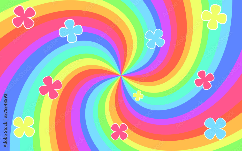 花が舞うポップな虹色のサイケデリックな放射状の背景