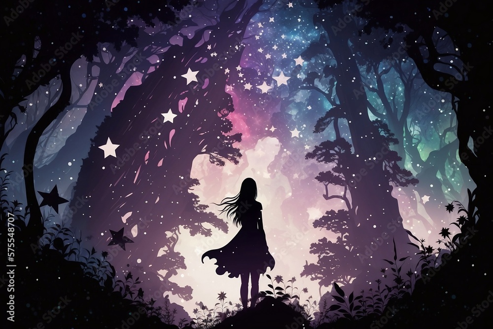 silhouette of a girl lost in a forest staring up at the night sky full of enchanting stars beautiful computer desktop background Stock Illustration | Adobe Stock