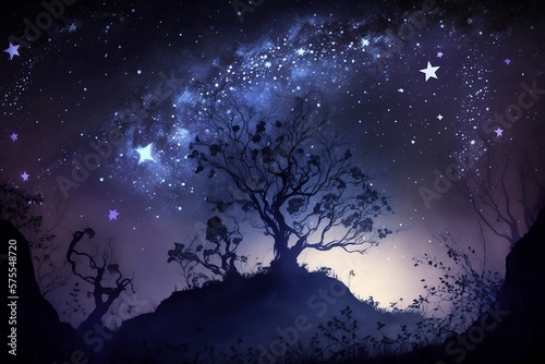 tree and landscape with moon and stars dreamy and magical computer desktop background with illustrated milky way