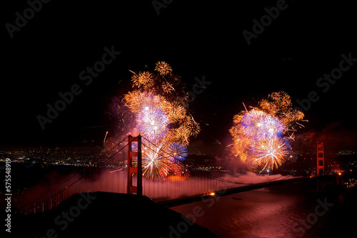 Fireworks display near Golden Gate Bridge, San Francisco, California, United States