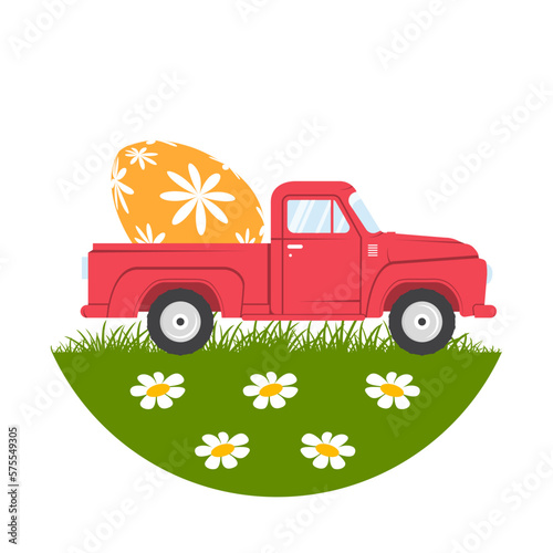 Retro pickup with easter eggs on green grass on a white background. Vector illustration. Spring holiday. Vector Illustration.Happy easter eggs