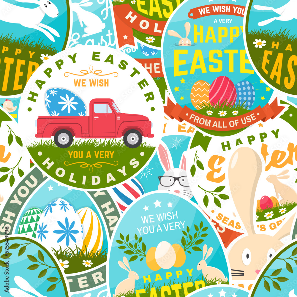Set of happy easter holidays colorful seamless pattern with easter rabbit and colourful eggs. Vector. Background, wallpaper, seamless pattern with easter Egg, green grass, bunny.