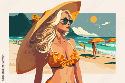 Pretty Beautiful blonde girl with sunglasses on the beach, Beautiful. Vector, flat illustration, Flat design, vector.