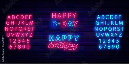 Happy Birthday neon labels collection. Happy Bday. Holiday celebration greeting card. Vector stock illustration