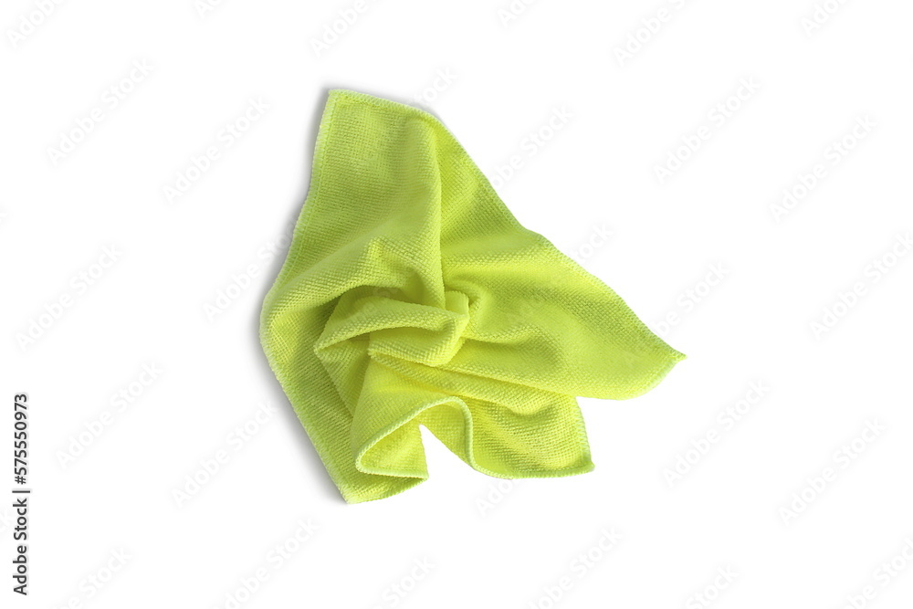 A green cleaning rag lies on a white isolated background.