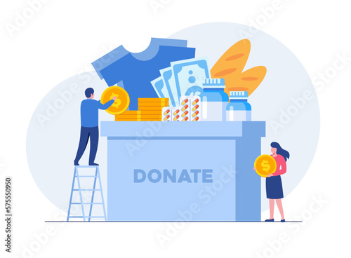 Characters donating money illustration set. Volunteers putting coins in donation box and donating. Financial support and fundraising concept. Flat Vector illustration.