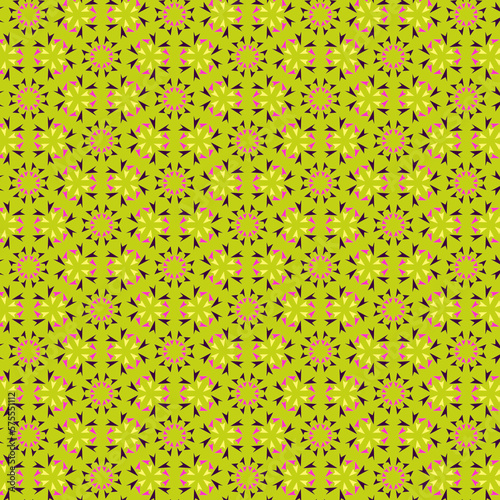 Geometric triangular, acute-angled, polygonal, sharp-shaped fabric pattern on an olive-green background
