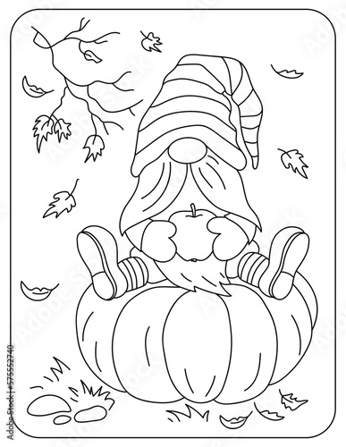 Halloween. The gnome sits on a pumpkin. Branch and autumn leaves. Vector black and white illustration. Coloring.