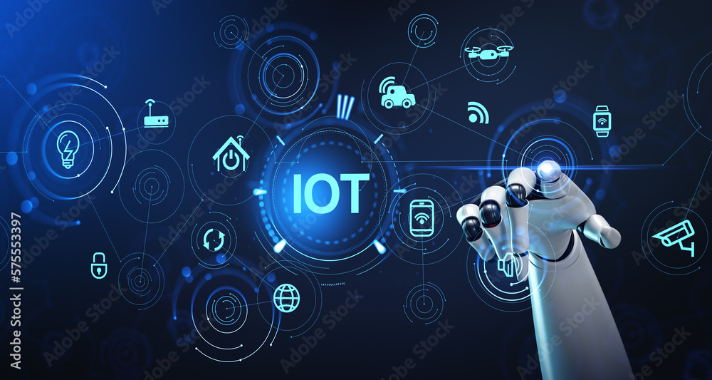 Fototapeta premium Robot hand touch IOT and digital icons, smart devices and connection