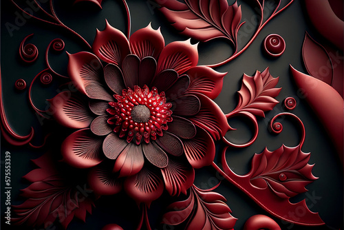 This breathtaking AI-generated photo showcases a stunning 3D wallpaper design with a beautiful red leather flower base. The design is intricate and visually striking, with the 3D elements of the wp