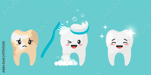 Set of cute Teeth characters with Kawaii faces. Children's Teeth health concept. Vector illustration.