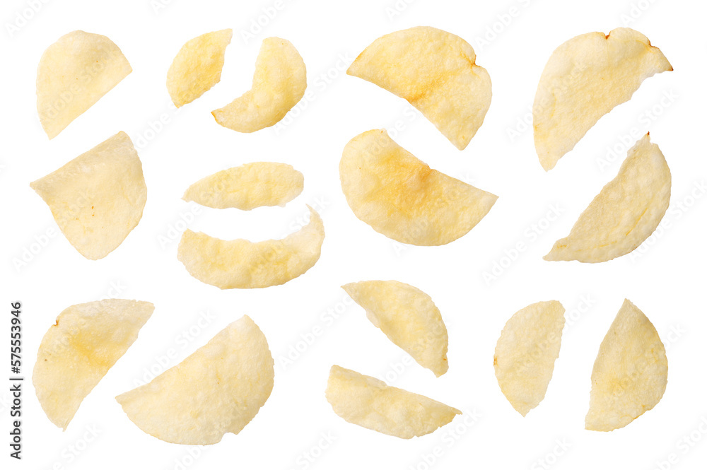 Cracked potato chips isolated on white background, top view. Cracked potato chips isolated on white background, top view.