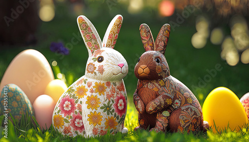 Floral Easter Bunnies in the Garden with Colorful Eggs. 
