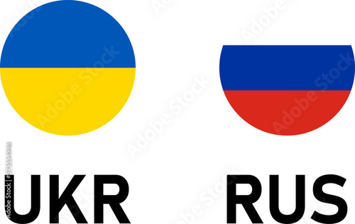 Round Flag Selection Button Badge Icon Set with Ukraine and Russia Flags with Country Codes UKR and RUS. Vector Image.