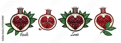 Art pomegranates graphic vector sketches, pomegranates symbols with heart shaped seeds inside