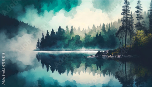 Abstract misty lake and forest landscape background. Digital painting art style. Digital illustration generative AI. 