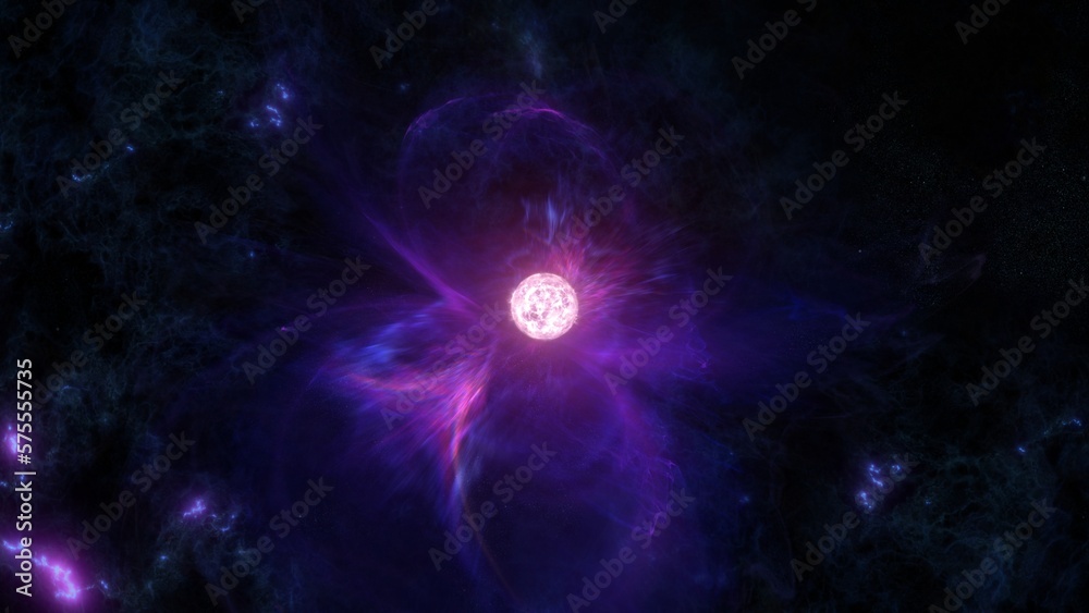 Super massive white star erupting solar flares. 3D illustration concept of giant alien sun against purple and black hostile dark matter space nebula. Hyperrealistic celestial supernova plasma burst.
