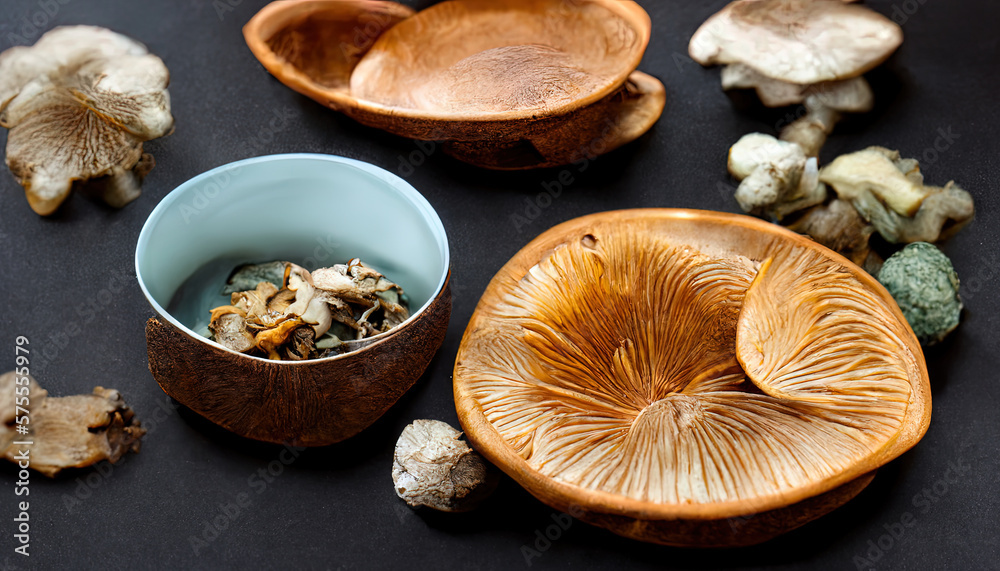Fototapeta premium Different fresh wild mushrooms in bowl on wooden background, top view. Generative Ai