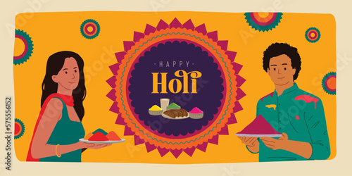 Happy Holi text with Indian couple playing colorful Holi with food and dry colors. Holi festival design template for website banner, social post, invitation card, and poster design