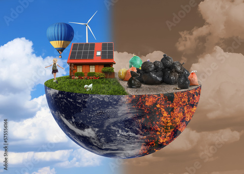 Environmental pollution. Collage divided into clean and contaminated Earth against sky.