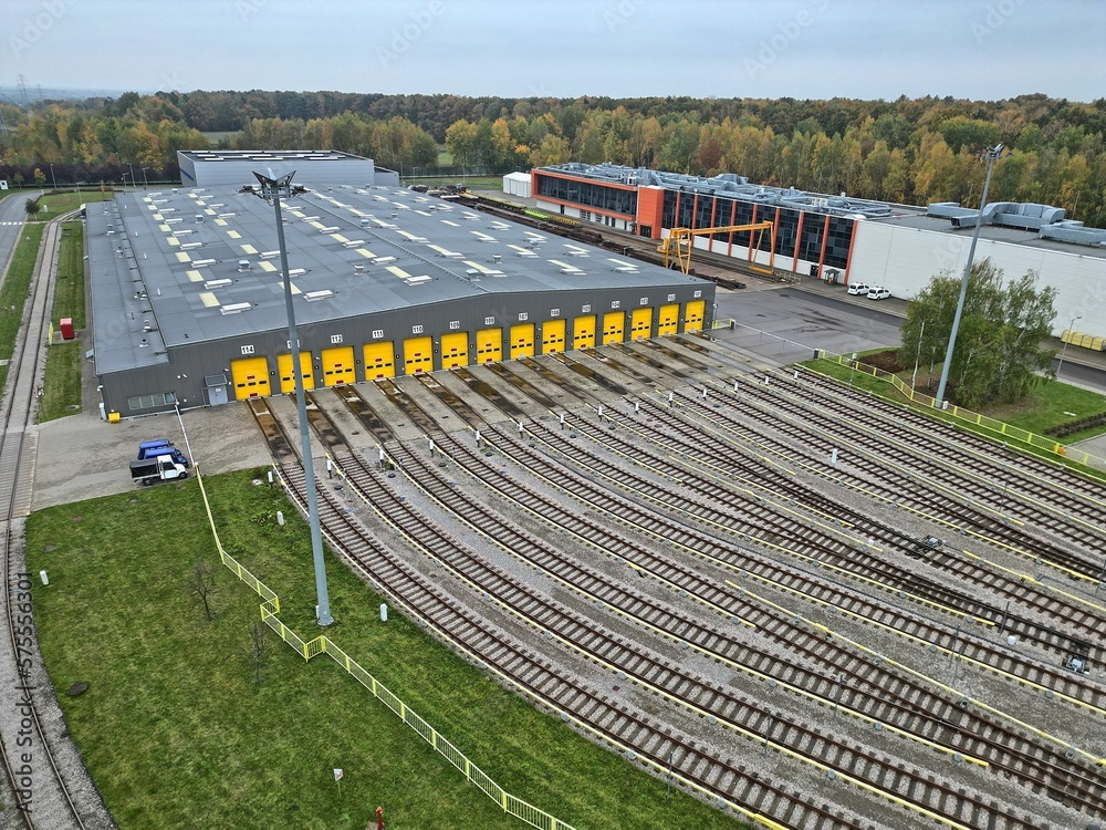 Warsaw metro technical hall and a lot of tracks, top down aerial photography