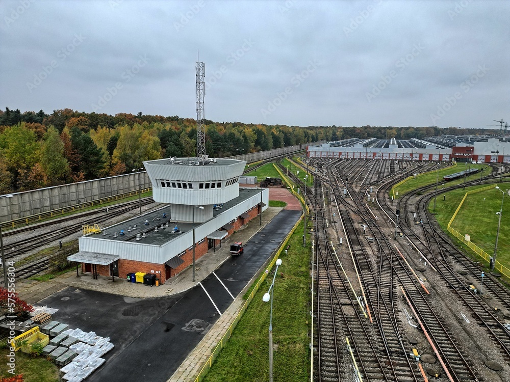 Warsaw metro technical hall and a lot of tracks, top down aerial photography