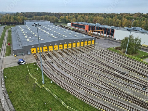 Obraz na płótnie Warsaw metro technical hall and a lot of tracks, top down aerial photography w salonie