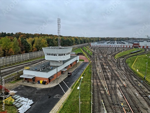 Obraz na płótnie Warsaw metro technical hall and a lot of tracks, top down aerial photography w salonie
