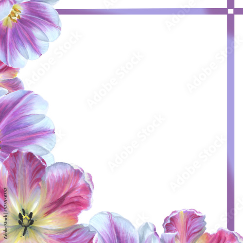 Frame template made of hand drawn flowers on a transparent background in pink and purple colors