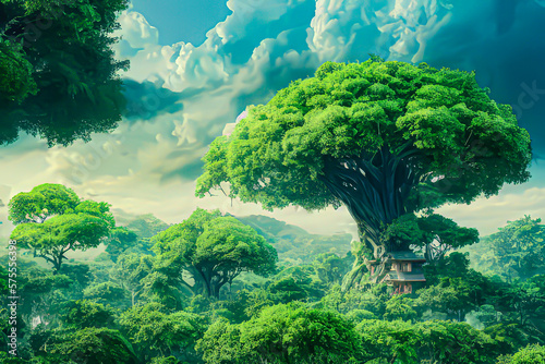 Giant lush tree in house landscape with clouds illustration art with Generated AI