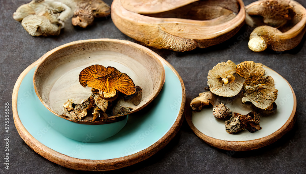 Top view of fresh mushrooms on a yellow plate on green wooden surface. Generative Ai Top view of fresh mushrooms on a yellow plate on green wooden surface. Generative Ai
