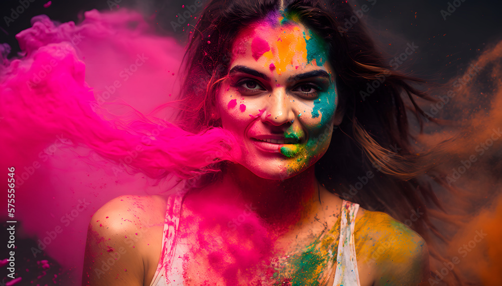 Colorful Joy: An Indian Woman Celebrating Holi with a Smile