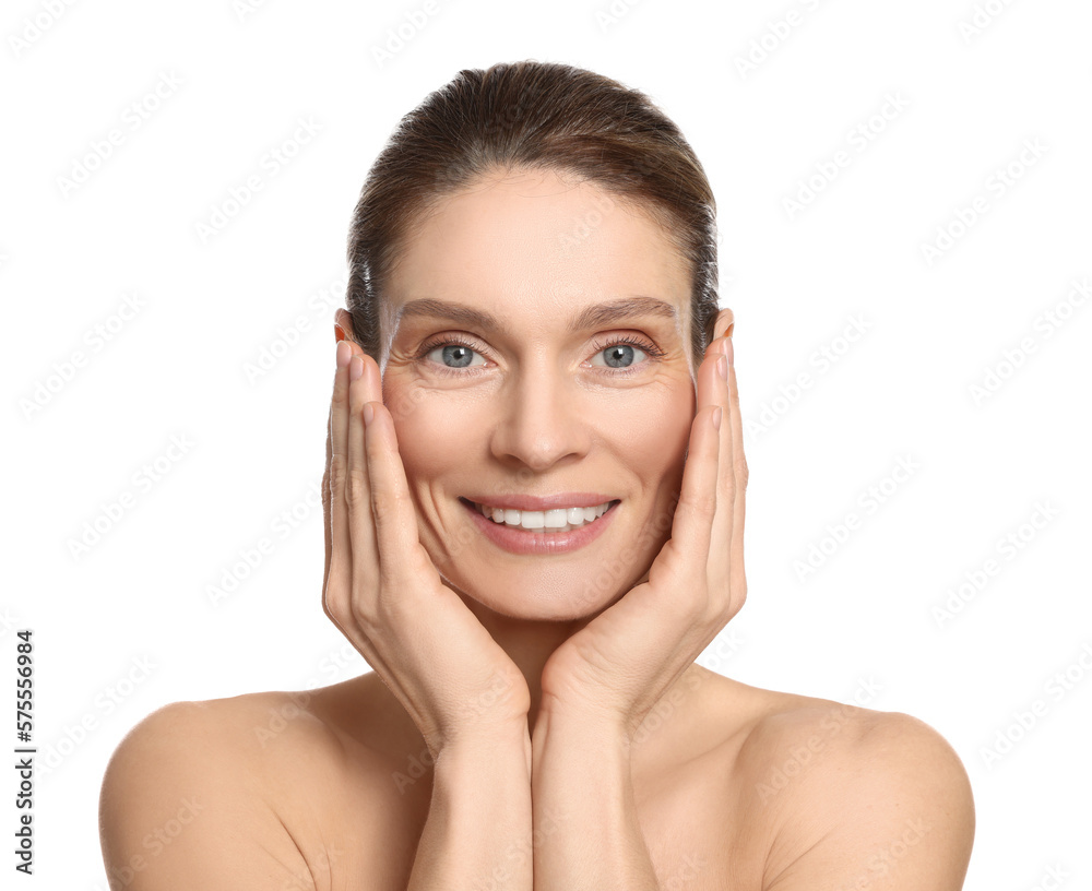 Woman massaging her face on white background Woman massaging her face on white background