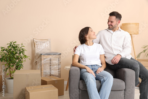Happy couple in new apartment. Moving day © New Africa