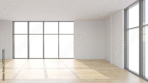 Interior mockup with panoramic windows and wooden floor in empty living room. 3D rendering, illustration