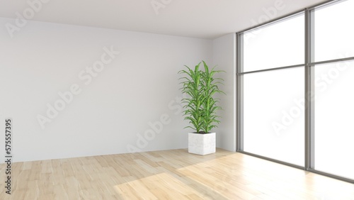 Interior mockup with panoramic window and and plant in the pot on empty living room wall background. 3D rendering, illustration