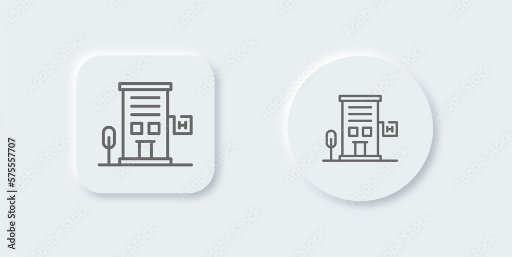 Hotel line icon in neomorphic design style. Resort signs vector illustration. Hotel line icon in neomorphic design style. Resort signs vector illustration.