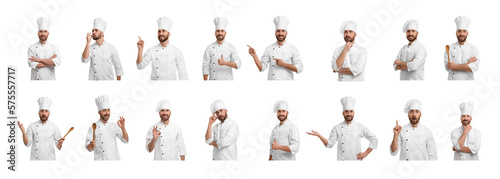 Chef in uniform on white background, collage design