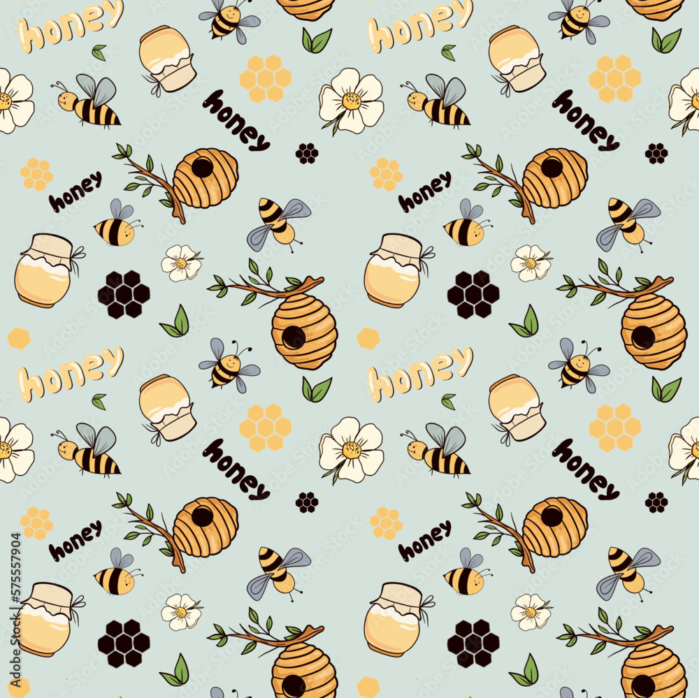 Animal bee seamless texture. Seamless pattern with bees and honey, hand drawn, vector. Honey print for fabric, paper. Kids bee seamless pattern. Cute cartoon doodle bees, flowers, honey vector print Animal bee seamless texture. Seamless pattern with bees and honey, hand drawn, vector. Honey print for fabric, paper. Kids bee seamless pattern. Cute cartoon doodle bees, flowers, honey vector print