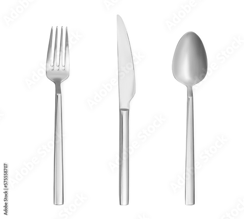 Shiny silver cutlery set on white background  top view