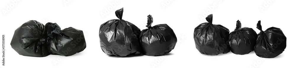 Set with many black trash bags full of garbage on white background