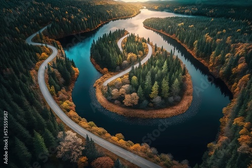 Landscape with a forest, a road and a bird's-eye view from a drone