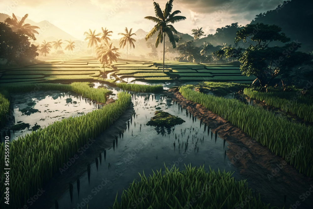 Obraz premium Rice fields ecosystem. Generative ai 